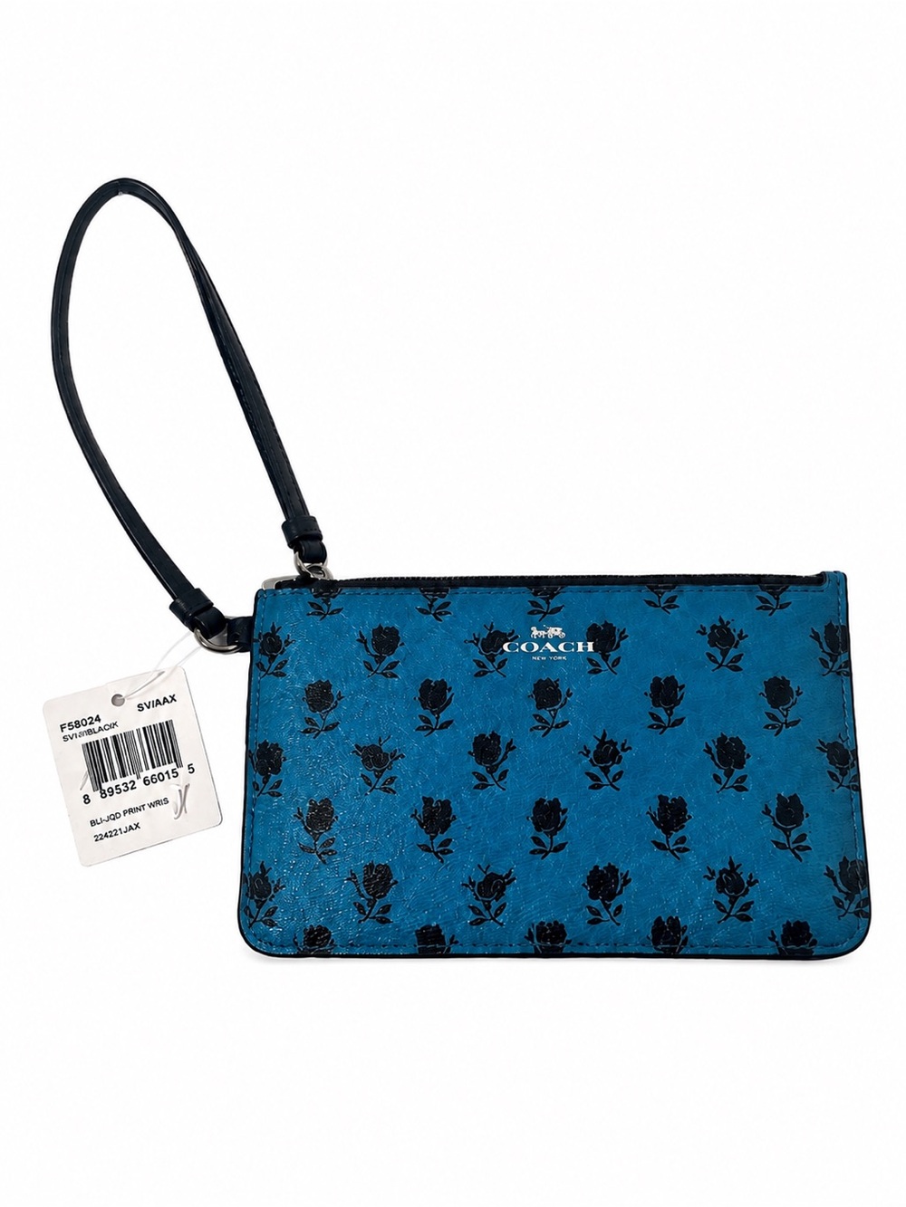 Coach Badlands Corner Zip Wristlet Blue Black Rose Print NWT